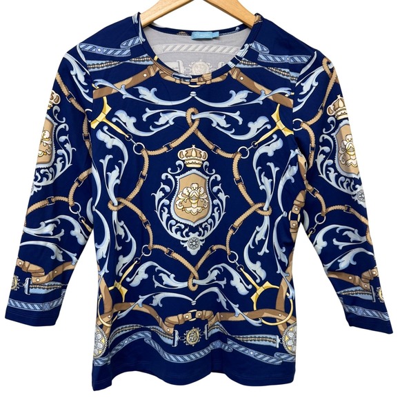 J. McLaughlin Tops - J. McLaughlin Top Small Navy Blue Equestrian Scarf Print 3/4 Sleeve Shirt